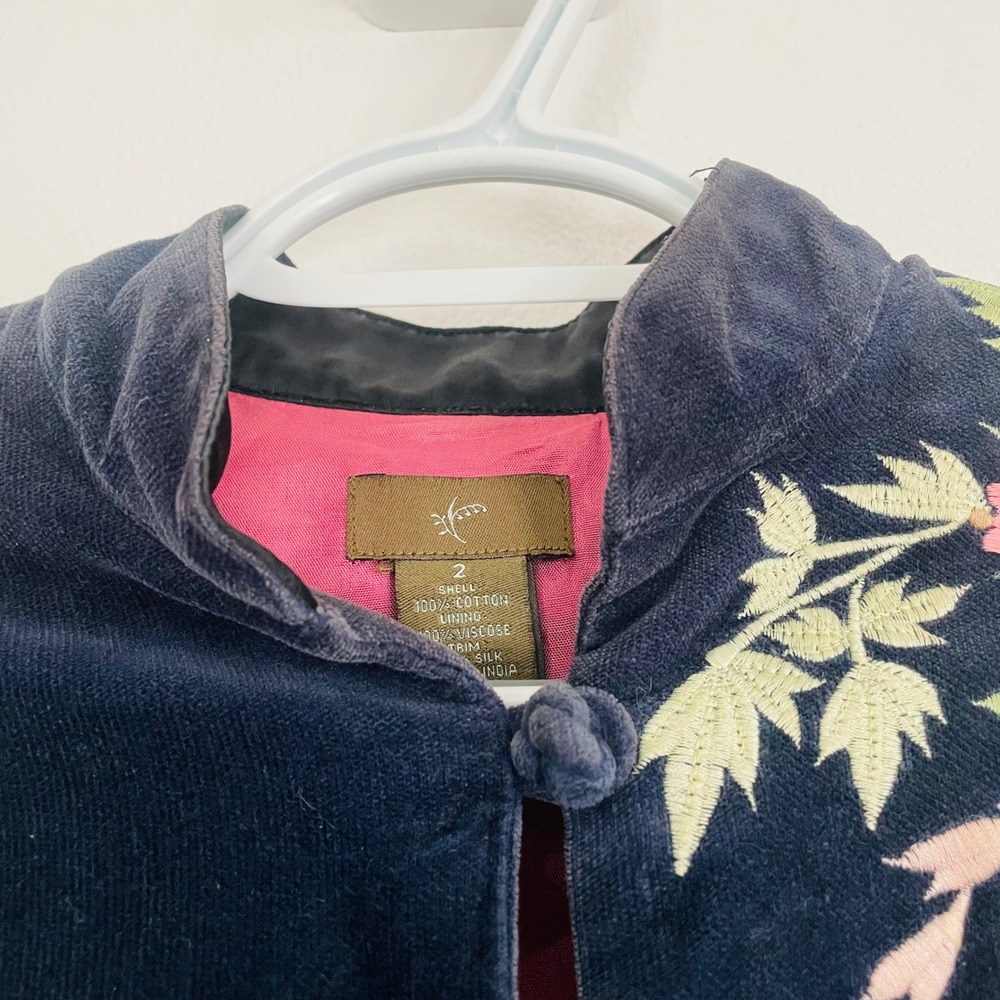 FEI Anthropologie Navy Velvet Embroidered Floral Jacket Mandarin Collar Womens 2 - Picture 8 of 14